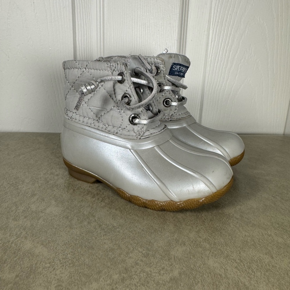 Sperry Silver Saltwater Duck Rain Boots Toddler Lace Up Metallic Size 6m
